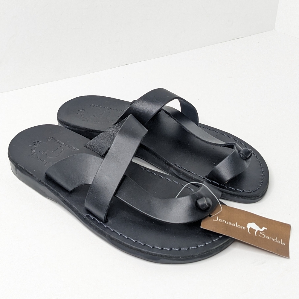 Jerusalem Sandals Lotus Handmade Sandals, Black Leather, Women's 37 EU (US 6)